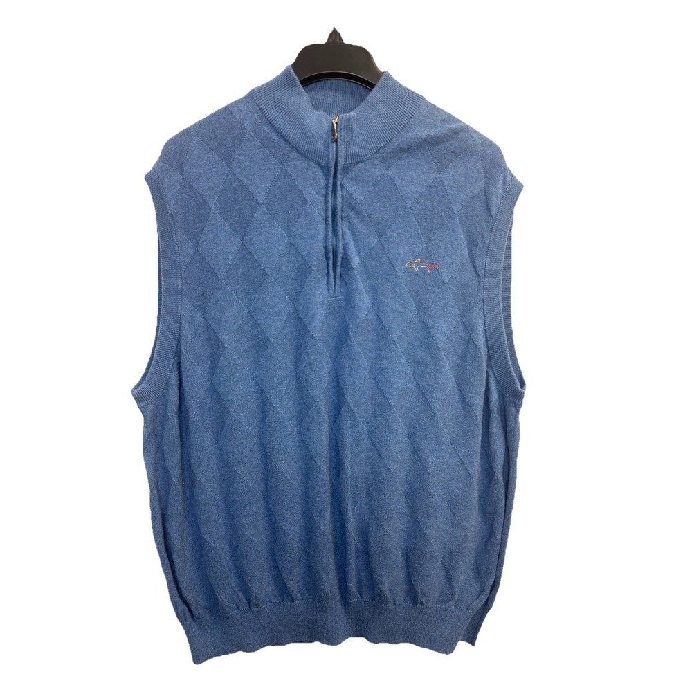 Greg Norman Sweater Vest Men's L Blue Collared 1/4 Zip Soft Knit Casual Logo